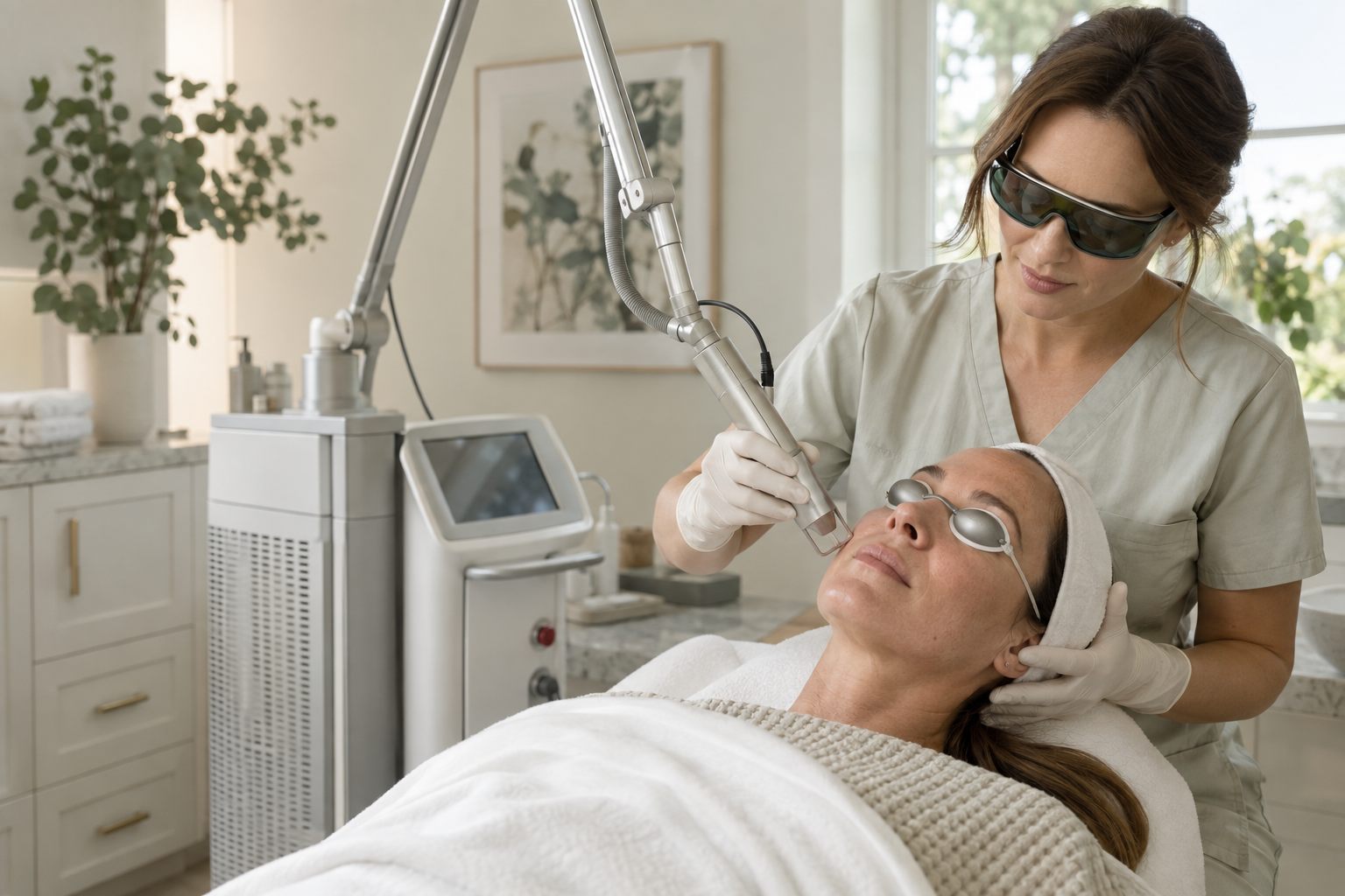 Illustrative image of a clinician providing laser skin treatment with protective eyewear