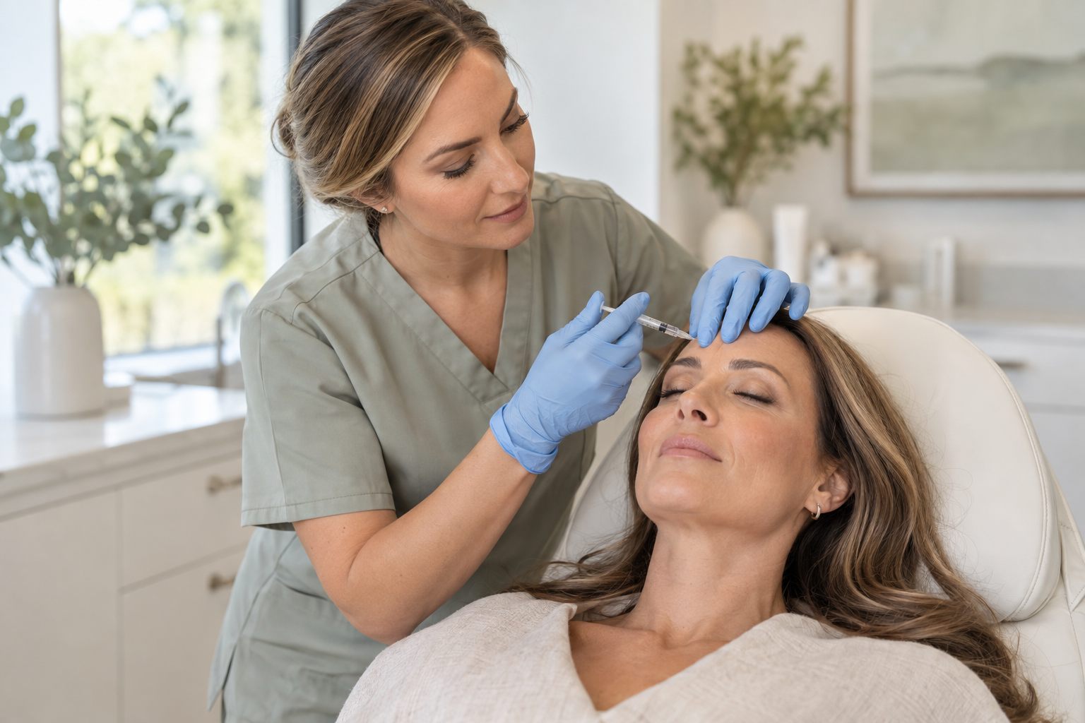 Illustrative image of an aesthetic clinician providing a brow-area injection